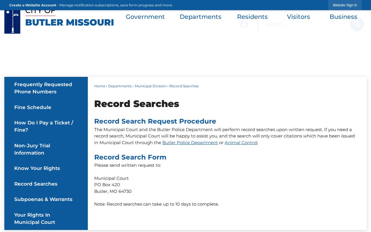 City of Butler written municipal record search instructions