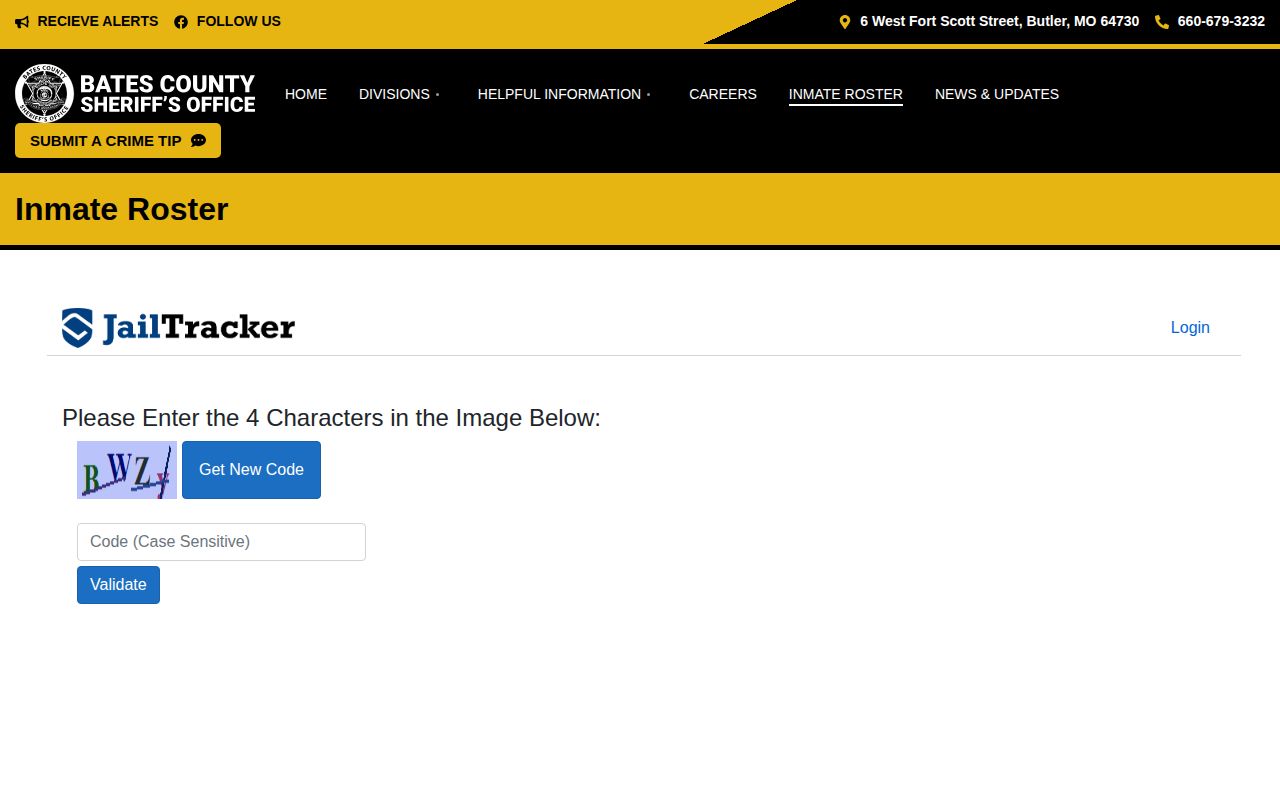 Bates County Sheriff official inmate roster page and text alert prompt
