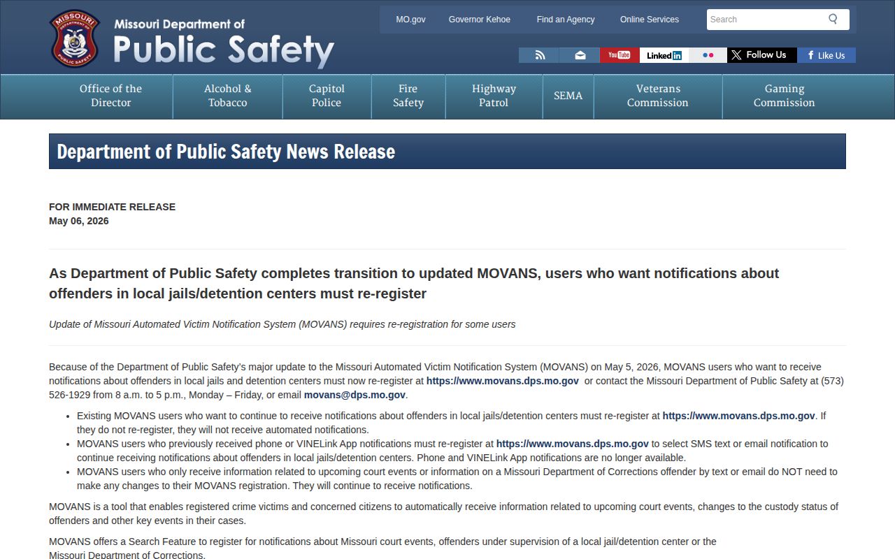 Missouri DPS notice about the 2026 MOVANS transition