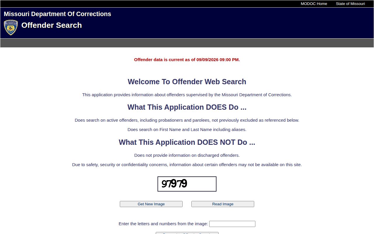 Missouri Department of Corrections official offender search interface