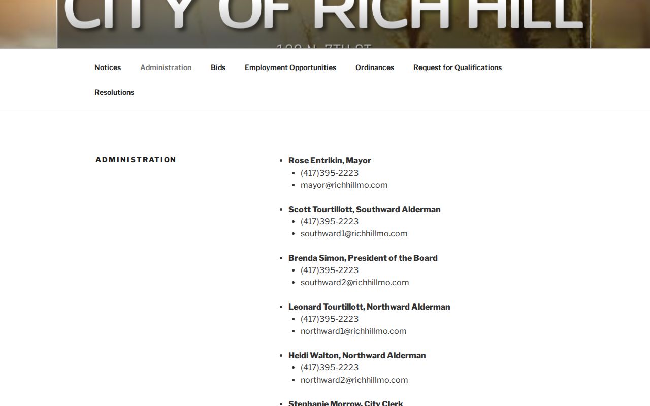 Captured official Rich Hill city administration webpage
