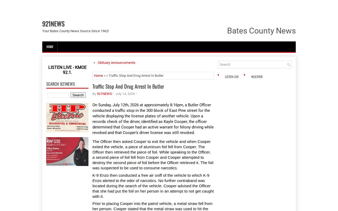 921NEWS report about a Butler traffic stop and arrest