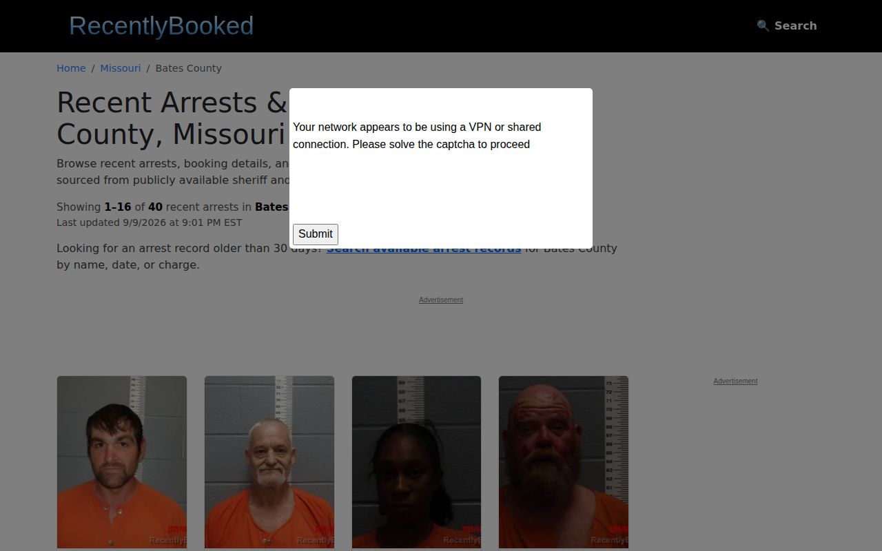 Unofficial RecentlyBooked Bates County page showing dated booking coverage